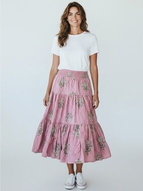 NWT LC Lauren Conrad Pink Floral Tiered Prairie Midi Maxi Skirt XL